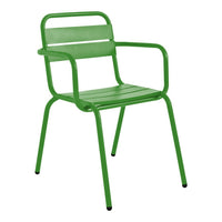 Vibrant green metal chair with a sleek, minimalist design and striped backrest, perfect for outdoor seating.