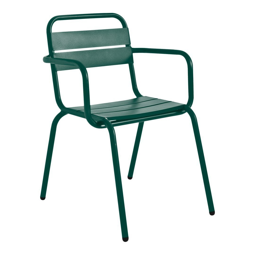 Green metal chair with a sleek, minimalist design featuring horizontal slats and a sturdy frame. Ideal for outdoor use.