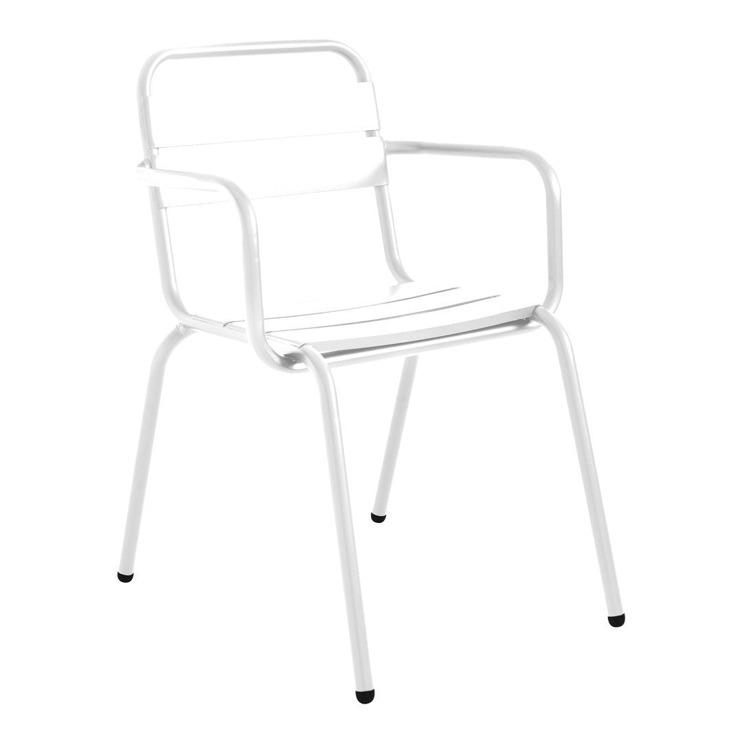 White metal chair with a minimalist design and smooth, sleek lines. Perfect for modern indoor and outdoor settings.
