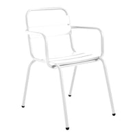 White metal chair with a minimalist design and smooth, sleek lines. Perfect for modern indoor and outdoor settings.