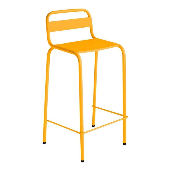 Bright yellow metal bar stool with a minimalist design and sleek lines, perfect for modern decor.
