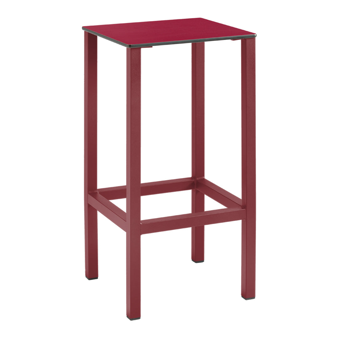 Red bar stool with a sleek, modern design and a solid square top. Suitable for various decor styles.