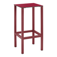 Red bar stool with a sleek, modern design and a solid square top. Suitable for various decor styles.