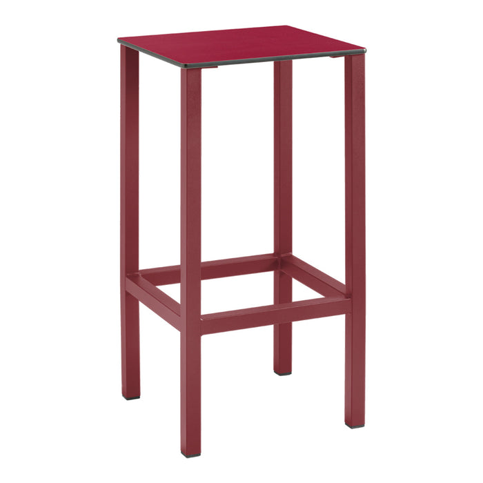 Red bar stool with a sleek, modern design and a solid square top. Suitable for various decor styles.