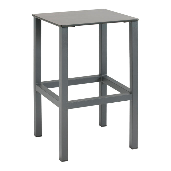 Gray metal bar stool with a sleek, minimalist design, featuring a square top and open-frame base.
