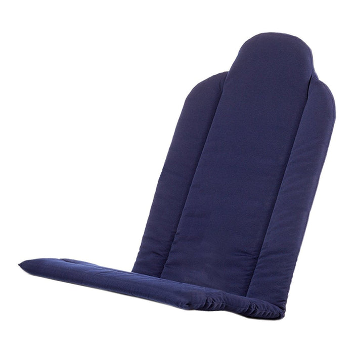 Navy blue padded chair cushion with a sleek, solid design and high back for comfort and support.