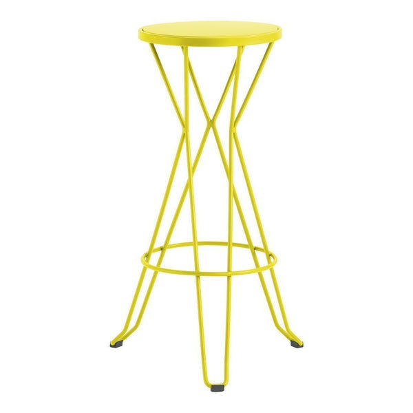 Bright yellow bar stool with a geometric wire design, perfect for adding a pop of color to any space.