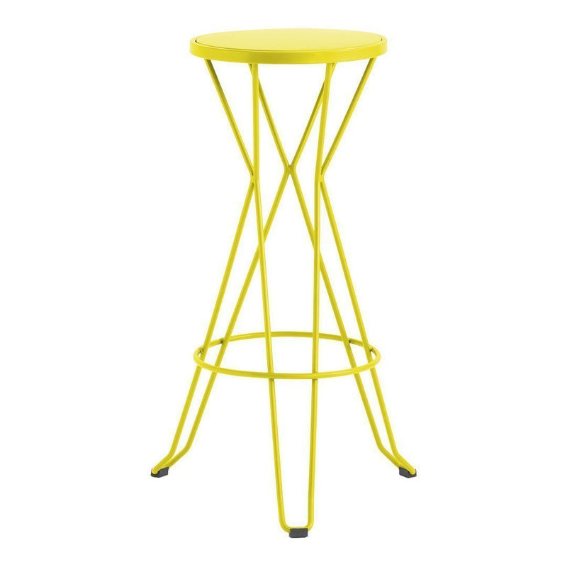 Bright yellow bar stool with a geometric wire design, perfect for adding a pop of color to any space.