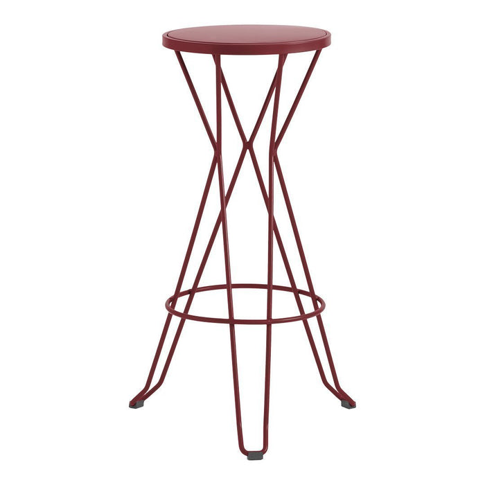 Red metal bar stool with a round top and geometric wireframe design, showcasing modern style and bold color.