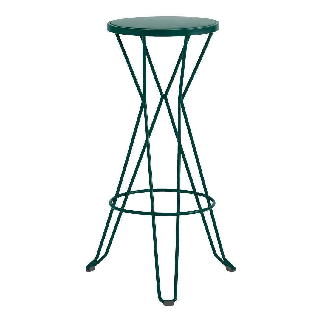 Green metal bar stool with a minimalist design and geometric wire frame pattern.