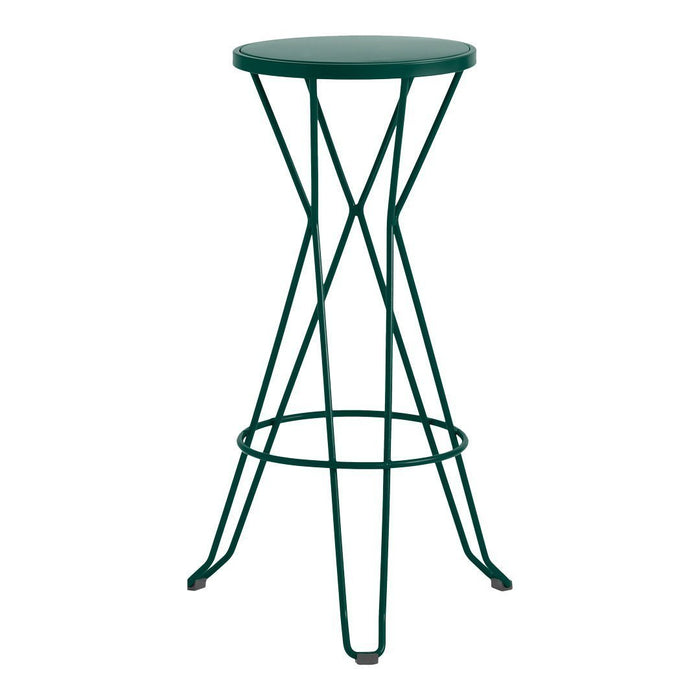 Green metal bar stool with a minimalist design and geometric wire frame pattern.