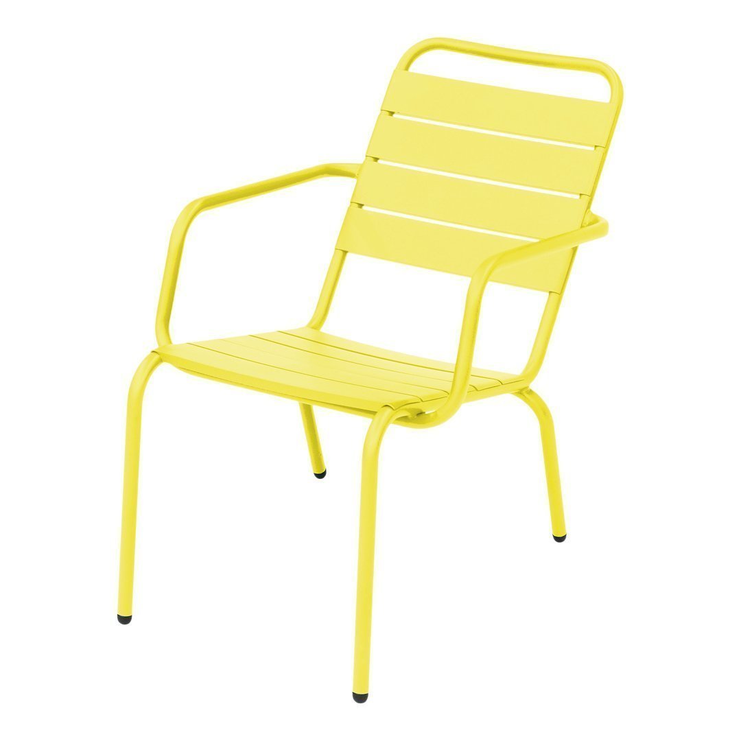 Bright yellow metal chair with a sleek, modern slatted design, perfect for adding a pop of color to any space.