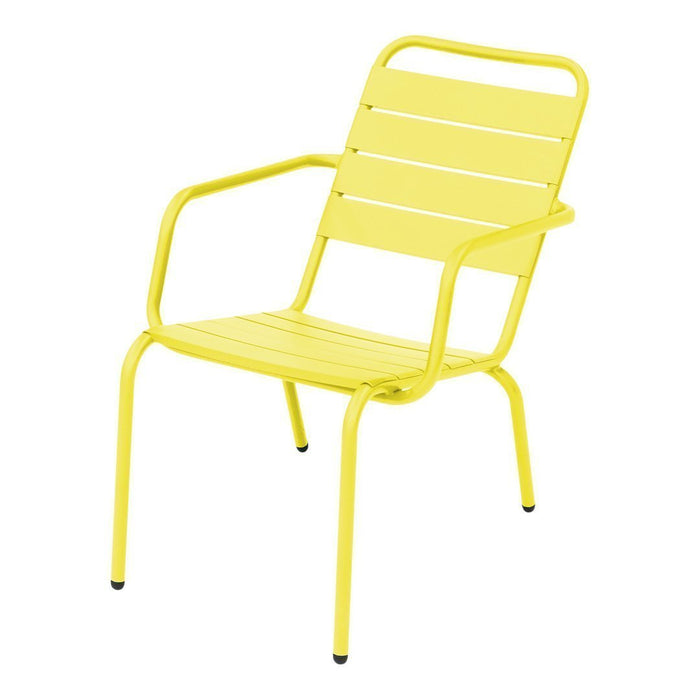 Bright yellow metal chair with a sleek, modern slatted design, perfect for adding a pop of color to any space.