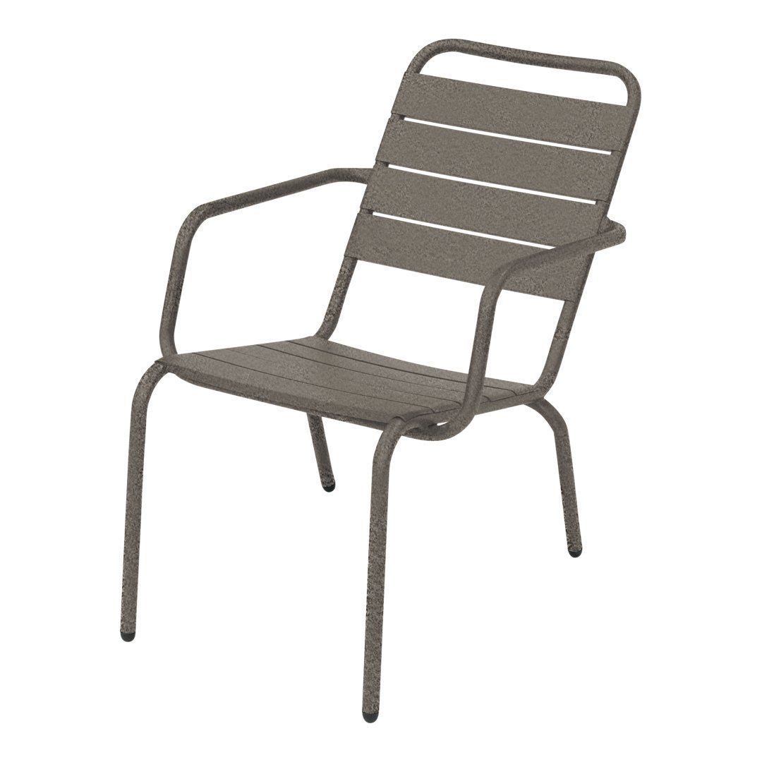 Gray metal outdoor chair with horizontal slat pattern and minimalist design. Durable and stylish for patio use.