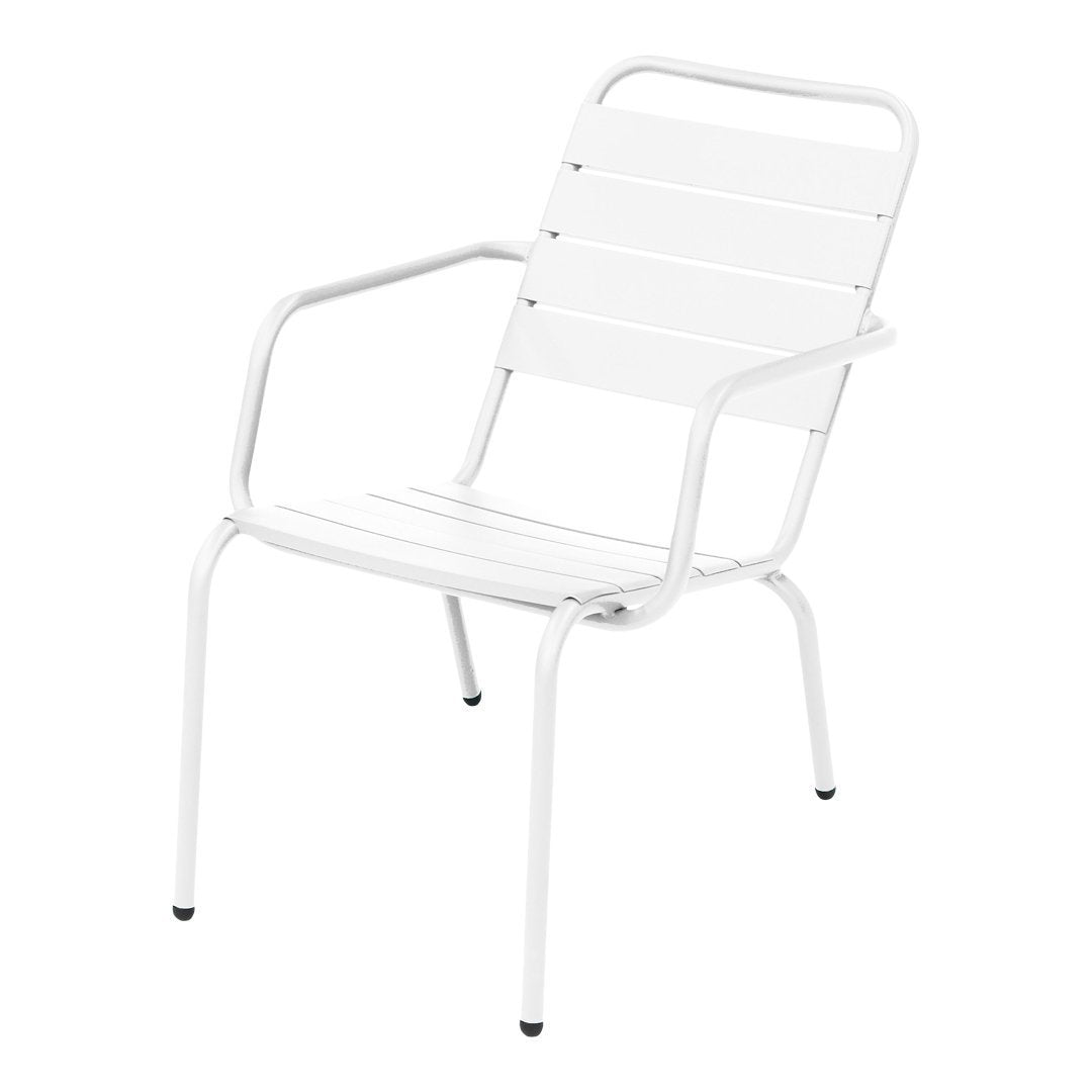 White metal chair with sleek, minimalist design and smooth, slatted seat and backrest. Ideal for modern décor.