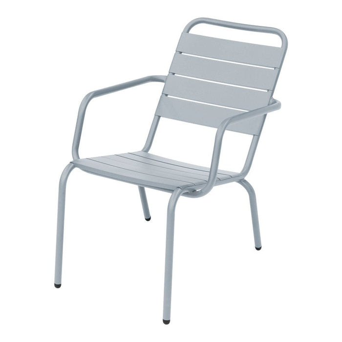 Light gray metal chair with a simple slatted design, perfect for indoor or outdoor use.