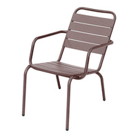 Brown metal chair with sleek slatted design, perfect for outdoor or indoor use.