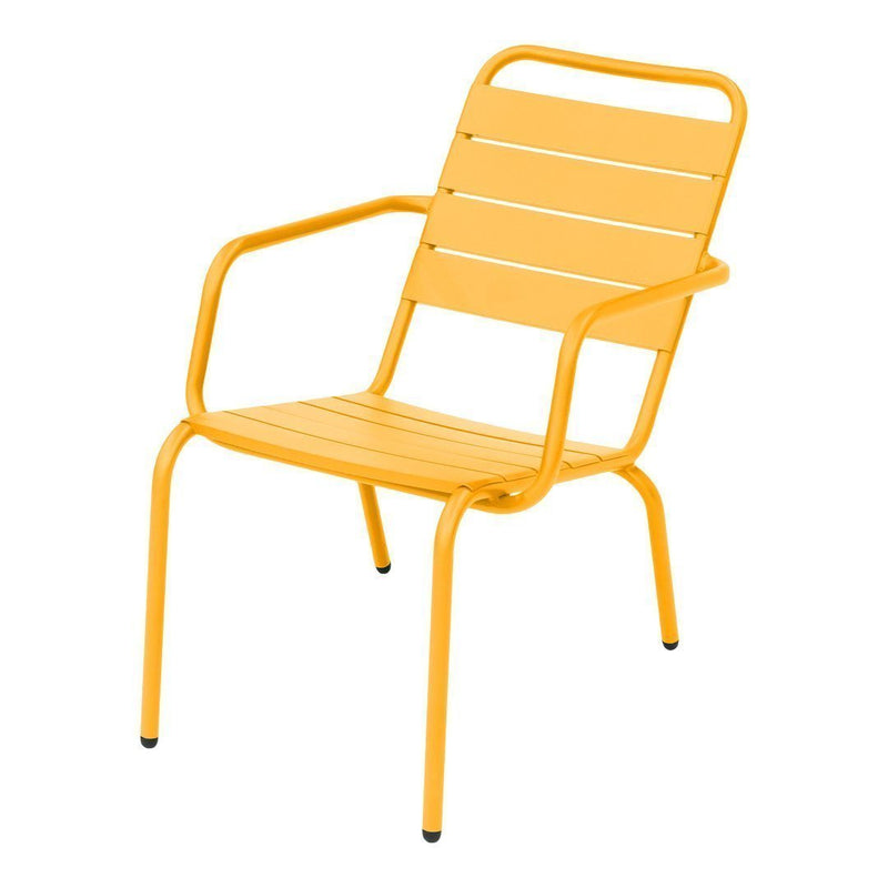 Bright yellow metal chair with horizontal slat design, perfect for outdoor or indoor use.