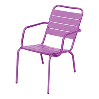 Bright purple metal chair with sleek horizontal slats, perfect for vibrant outdoor or indoor decor.