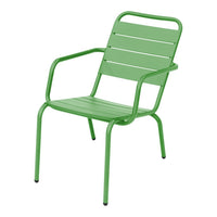Bright green metal chair with sleek slatted design, perfect for outdoor or patio use.