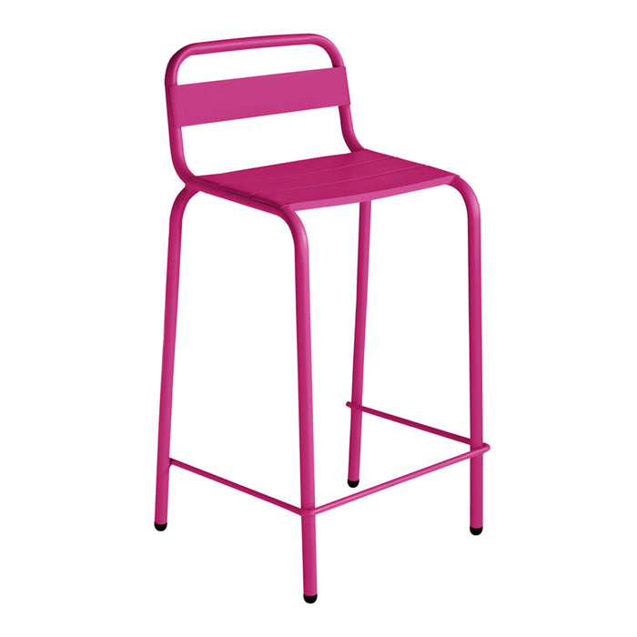 Bright pink metal bar stool with a sleek, minimalist design and no additional patterns. Perfect for modern spaces.