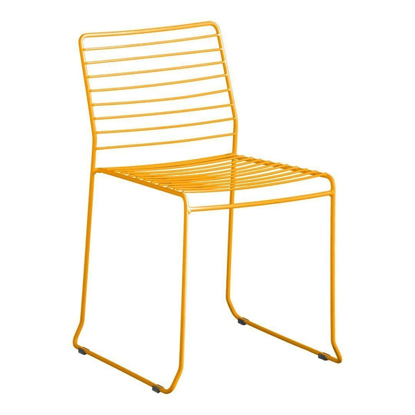 Bright yellow metal chair with sleek horizontal stripes, perfect for modern outdoor or indoor spaces.