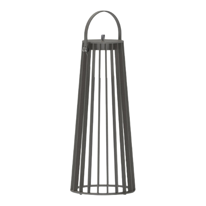 Dark gray metal lantern with a sleek, vertical striped pattern, featuring an elegant curved handle.