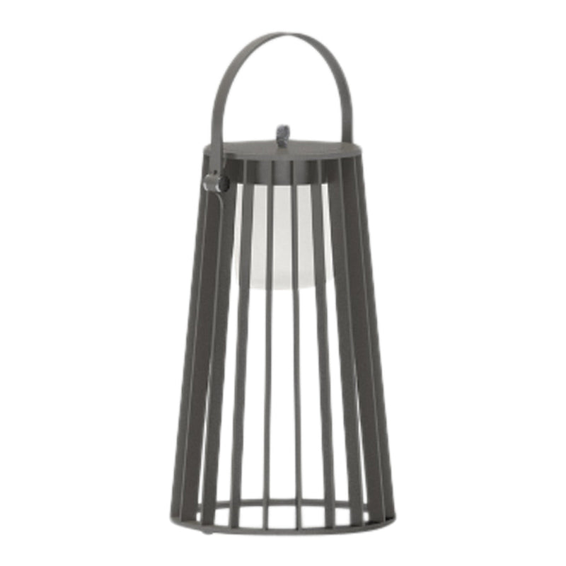 Gray metal lantern with vertical slats and a minimalist design. Perfect for modern indoor or outdoor decor.