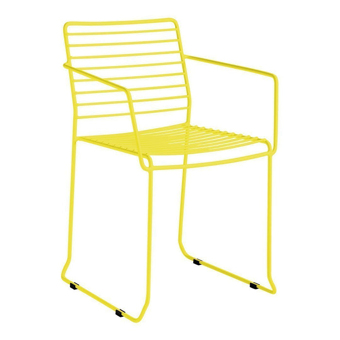 Bright yellow wire chair with a modern striped design, featuring an open-back and armrest for stylish seating.