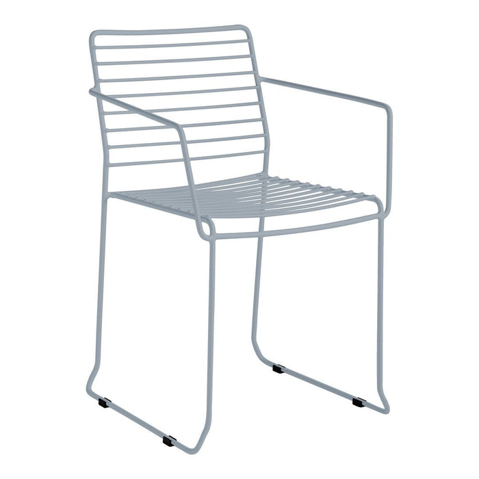 Light gray, modern chair with a sleek, minimalist design featuring horizontal and vertical metal lines.