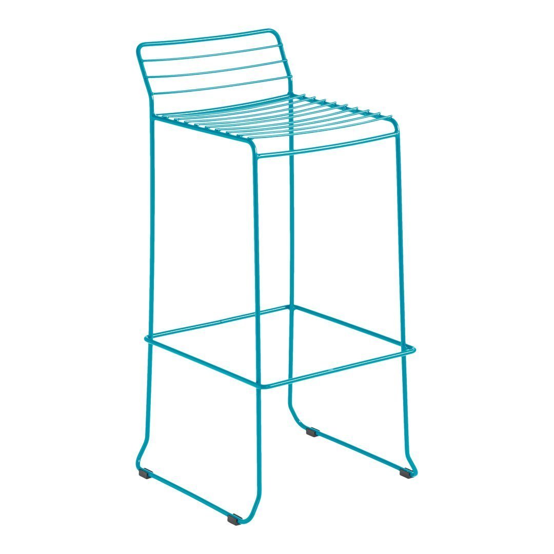 Teal metal bar stool with horizontal slat pattern, perfect for modern and vibrant decor.