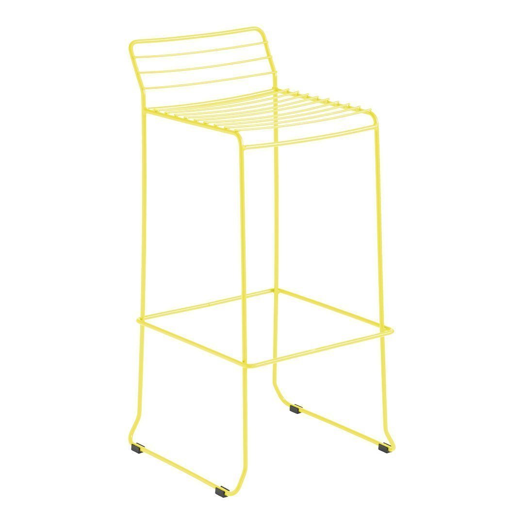 Bright yellow bar stool with a sleek, minimalist design and slatted seat pattern, perfect for modern decor.