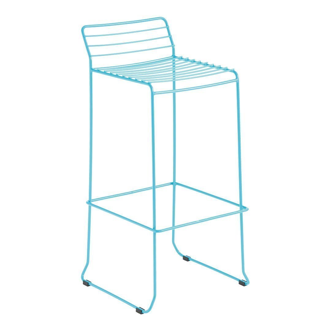Light blue metal bar stool with sleek, minimalistic lines and a modern design. Ideal for contemporary spaces.