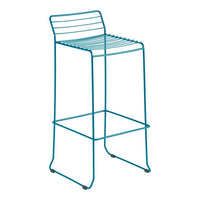 Turquoise metal bar stool with a sleek, slatted seat design, perfect for modern decor and outdoor use.