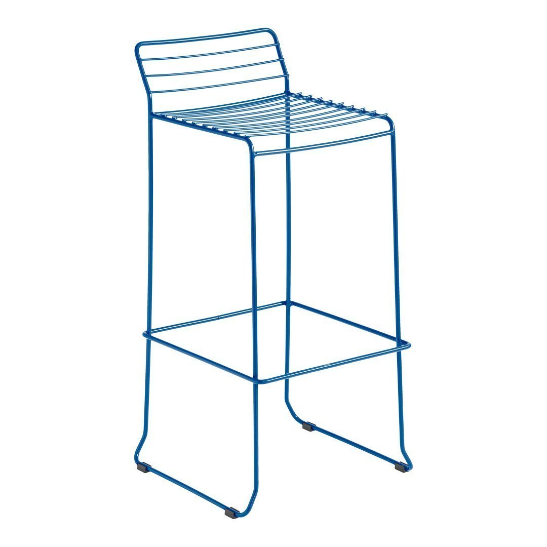 Blue metal bar stool with a sleek, striped design and modern wire frame. Perfect for contemporary spaces.