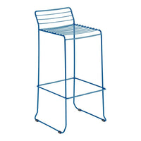 Blue metal bar stool with a sleek, striped design and modern wire frame. Perfect for contemporary spaces.