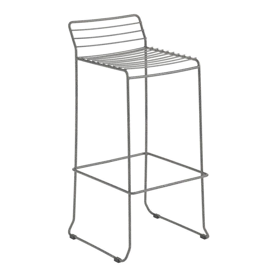Gray metal bar stool with a sleek, minimalist wire design and horizontal slat pattern. Perfect for modern spaces.