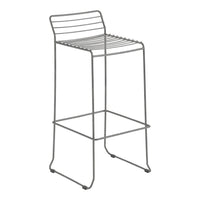 Gray metal bar stool with a sleek, minimalist wire design and horizontal slat pattern. Perfect for modern spaces.