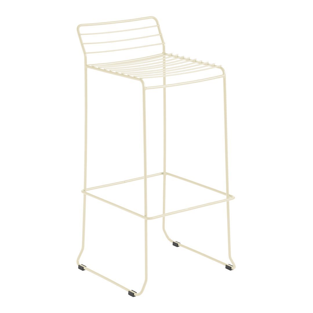 Cream-colored metal bar stool with a minimalist design featuring horizontal slats and a sleek, modern silhouette.