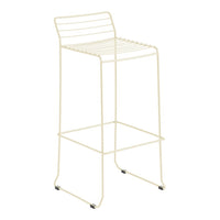 Cream-colored metal bar stool with a minimalist design featuring horizontal slats and a sleek, modern silhouette.