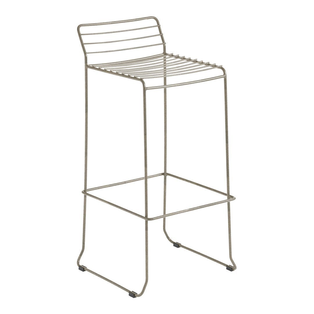 Stylish high bar stool with a sleek silver finish and modern striped pattern on the seat. Perfect for contemporary spaces.