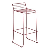 Rust-colored metal bar stool with sleek, modern slatted design and minimalistic frame. Perfect for contemporary spaces.
