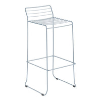 Sleek light blue metal bar stool with horizontal slats and minimalist design for modern decor.