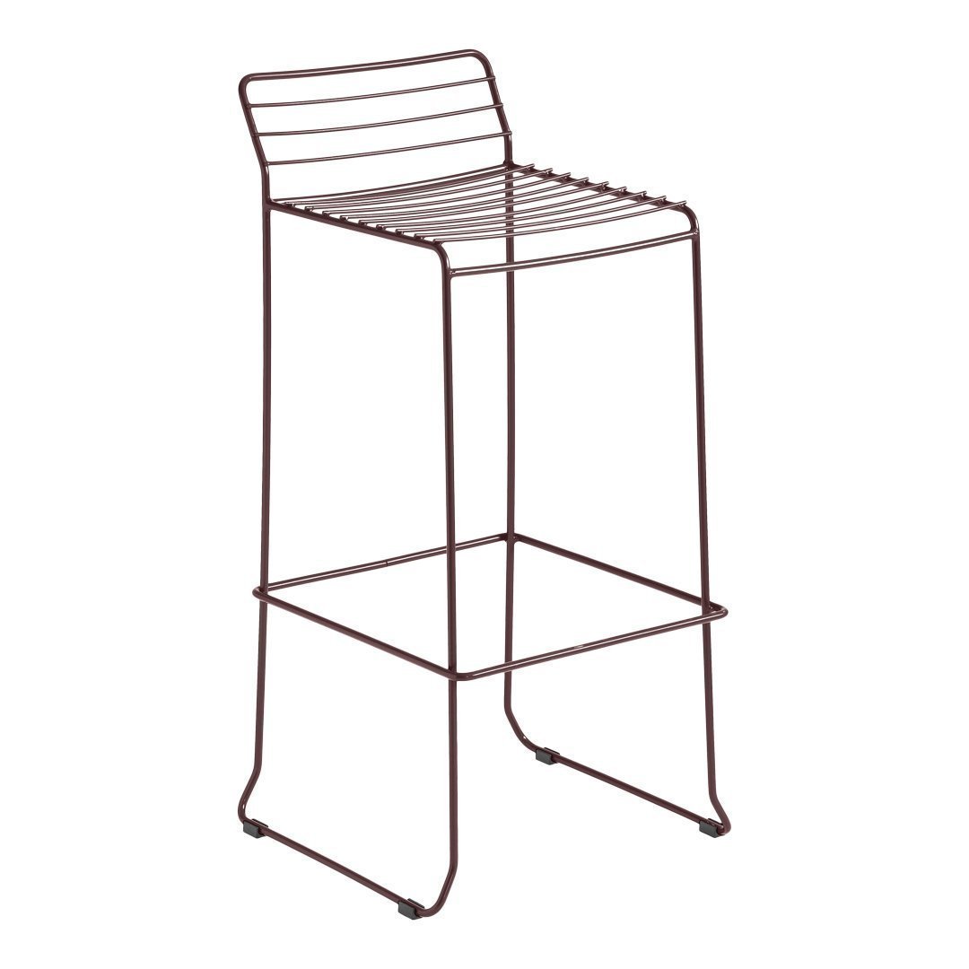"Modern bar stool in reddish-brown metal with sleek, horizontal slatted design."