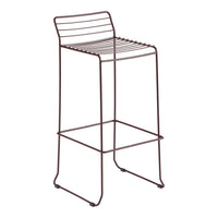 "Modern bar stool in reddish-brown metal with sleek, horizontal slatted design."
