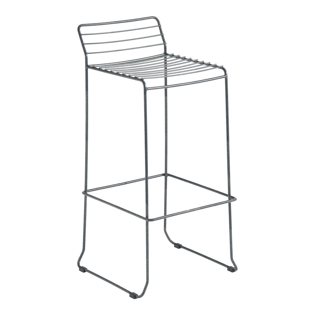 Gray metal bar stool with sleek, minimalist design and horizontal slat pattern on the seat.