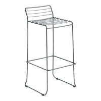 Gray metal bar stool with sleek, minimalist design and horizontal slat pattern on the seat.