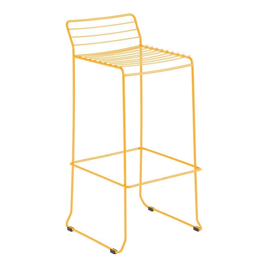 Bright yellow bar stool with a sleek, modern design featuring horizontal striped patterns. Ideal for contemporary spaces.