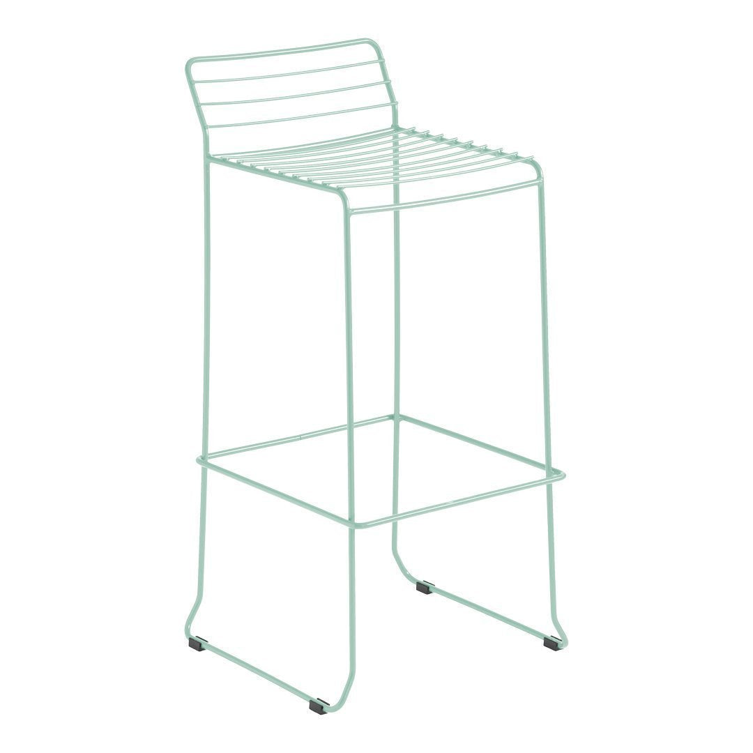 Light mint green bar stool with minimalist wire design and horizontal slat pattern. Perfect for modern decor.