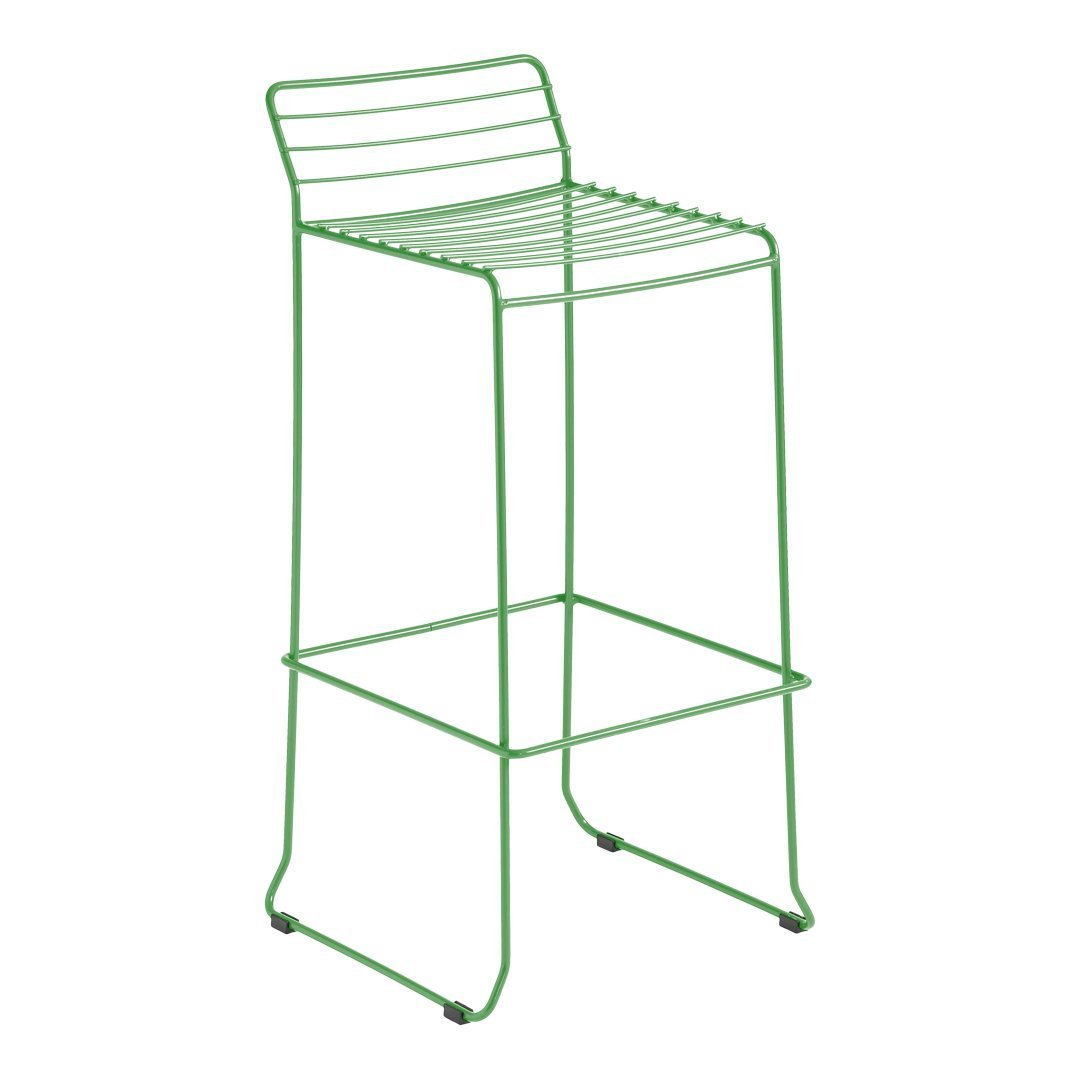 Green metal bar stool with a minimalistic striped design and sleek lines, perfect for modern decor.